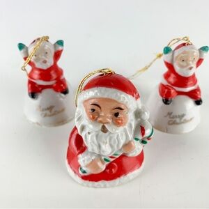 3 Vintage Merry Christmas Porcelain Santa Christmas Bells Ceramic Candy Cane